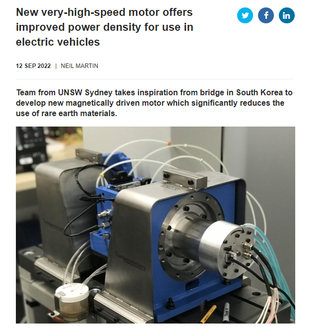 澳大利亚研究团队研制新款高速电动马达，可减少成本并增加电动汽车续航能力
